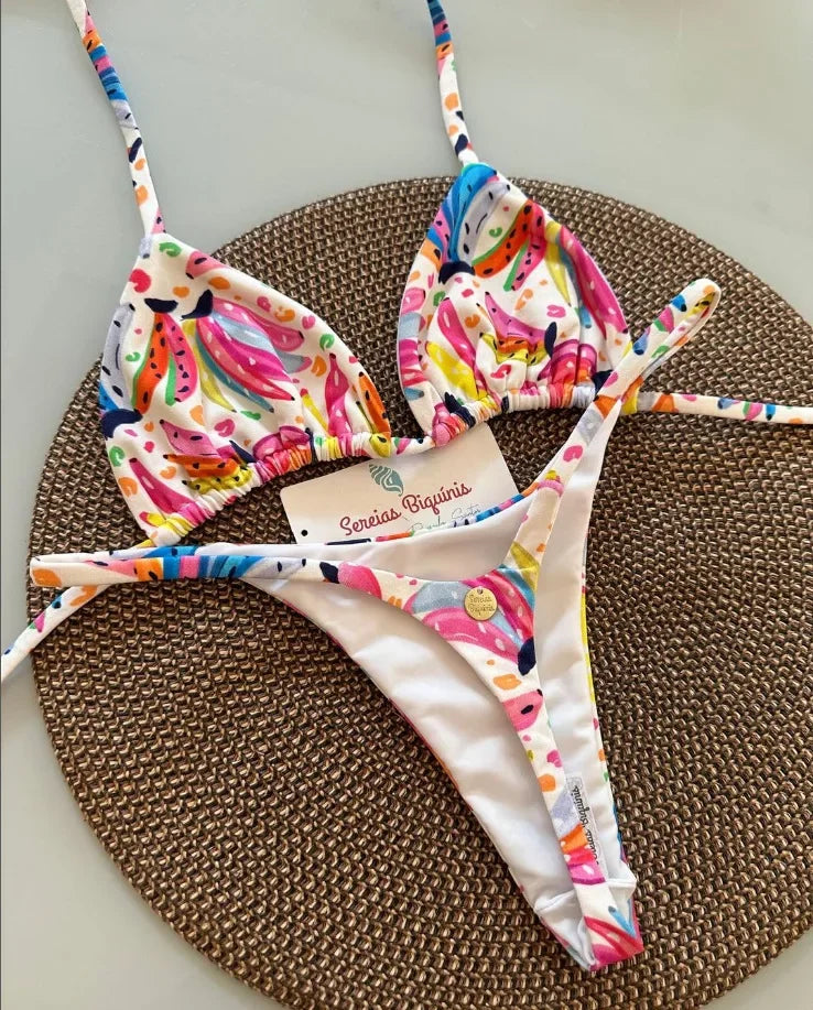 Print Sexy Bikini-Set – Y2K Neckholder & Lace-Up Design